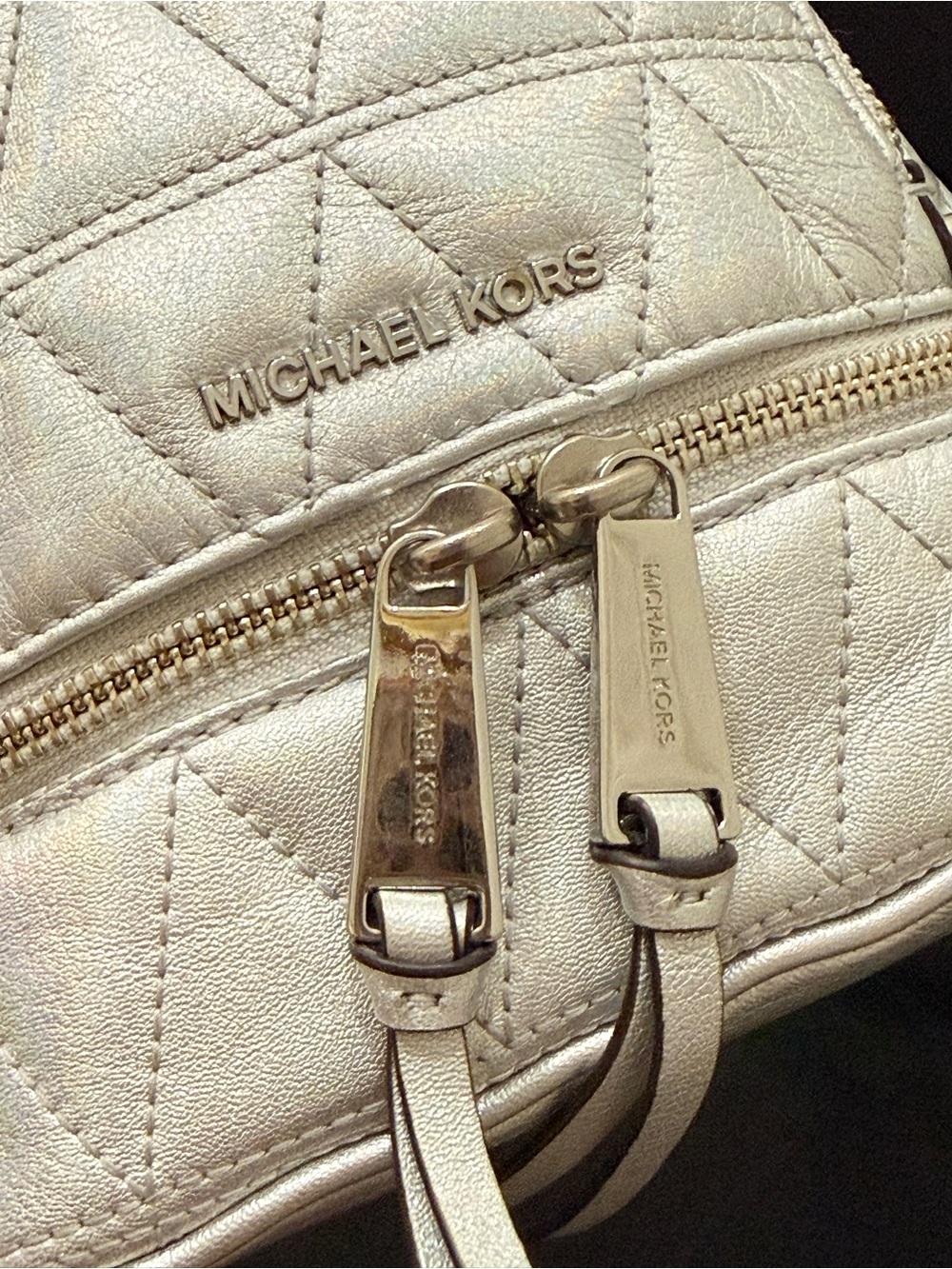 MICHAEL KORS Rhea Mini Silver Metallic Quilted Leather Mini Backpack
EUC - Picture 12 of 16